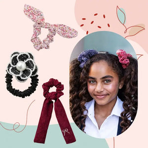 banner showing girl wearing tweed scrunchie, with long tail scrunchies and bow scrunchies